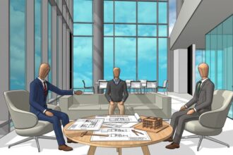 Manequins em reunião de planejamento no escritório moderno, com plantas arquitetônicas e modelo 3D na mesa, ilustrando a função de um gerente BIM na coordenação de projetos de construção.