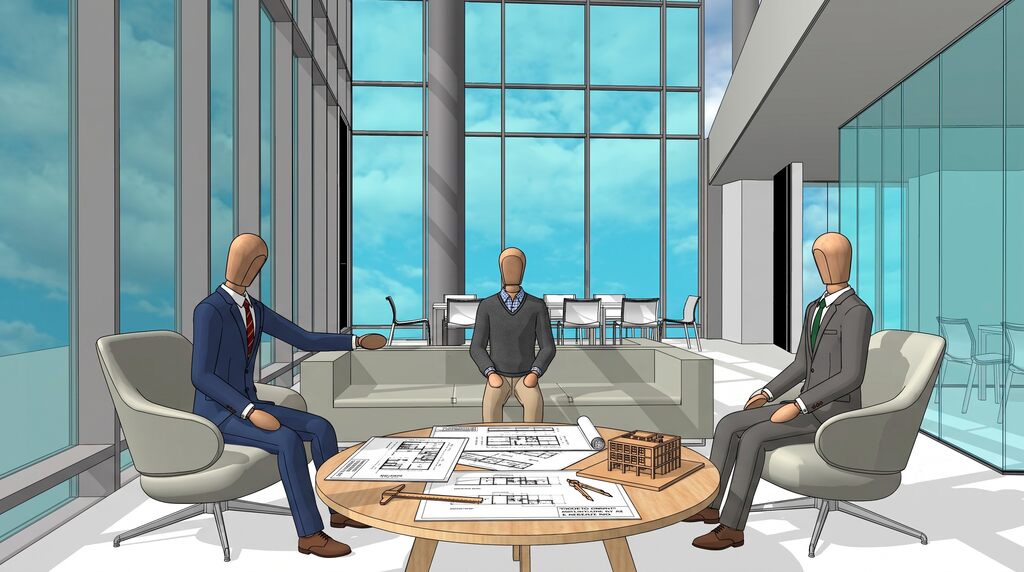 Manequins em reunião de planejamento no escritório moderno, com plantas arquitetônicas e modelo 3D na mesa, ilustrando a função de um gerente BIM na coordenação de projetos de construção.