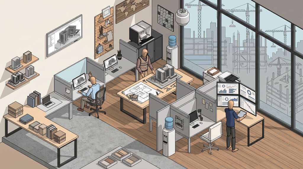 Ambiente de escritório moderno com um gerente BIM e sua equipe analisando modelos 3D de edifícios e projetos de construção civil, com canteiro de obras ao fundo.