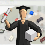 Boneco formando segurando diploma e blocos 3D, representando recursos para plano estudantil em design ou arquitetura, com outros componentes de projeto flutuando.