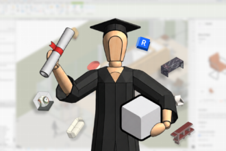 Boneco formando segurando diploma e blocos 3D, representando recursos para plano estudantil em design ou arquitetura, com outros componentes de projeto flutuando.