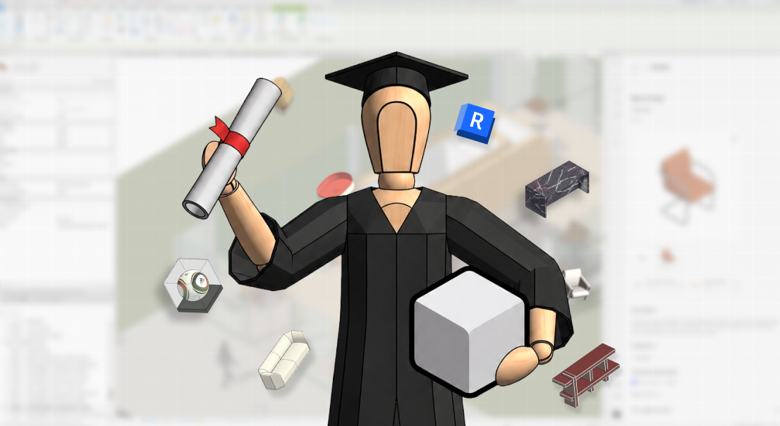 Boneco formando segurando diploma e blocos 3D, representando recursos para plano estudantil em design ou arquitetura, com outros componentes de projeto flutuando.
