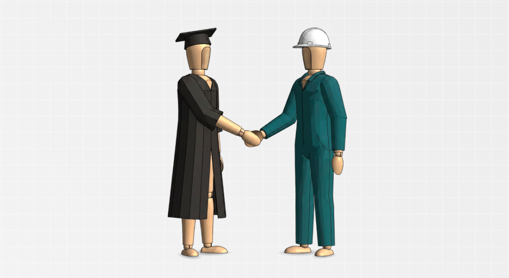Manequins de formando e trabalhador apertando as mãos, simbolizando a transição bem-sucedida do plano estudantil para o mercado de trabalho e a superação de bloqueios.