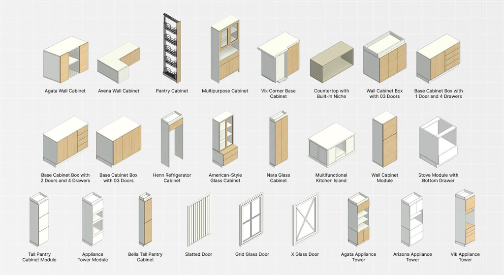 Variedade de módulos de cozinha modular em 3D para Revit, incluindo armários de parede, balcões, despenseiros e portas, ideais para projetos de design de interiores e arquitetura.