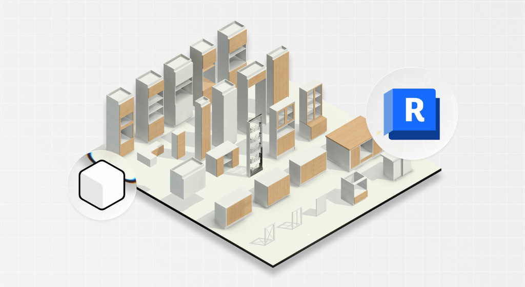 Variados componentes e modelos de cozinha modulada em Revit dispostos em 3D, ideais para projetos e design de interiores.