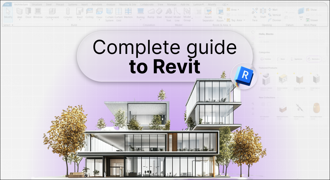 Comprehensive guide cover for Revit, featuring architectural designs and tools for building information modeling.