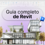 Imagem com projeto em 3D no centro. Ao fundo, a interface do Revit embaçada. Em cima do projeto está escrito "Guia completo de Revit"
