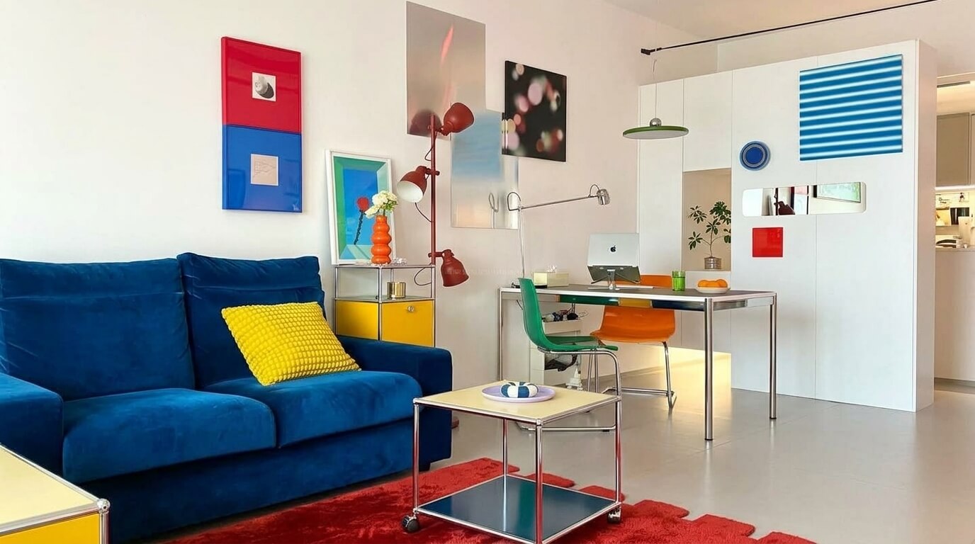 Ambiente vibrante e moderno com sofá azul, tapete vermelho e arte colorida, refletindo o estilo Funhaus de decoração alegre e contemporânea.