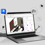 Laptop exibindo a interface do software Revit com um projeto 3D de arquitetura e diversos ícones de ferramentas ao redor, ilustrando a agilidade proporcionada pelos atalhos Revit.