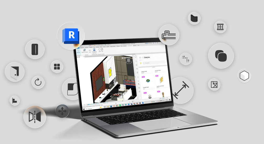 Laptop exibindo a interface do software Revit com um projeto 3D de arquitetura e diversos ícones de ferramentas ao redor, ilustrando a agilidade proporcionada pelos atalhos Revit.