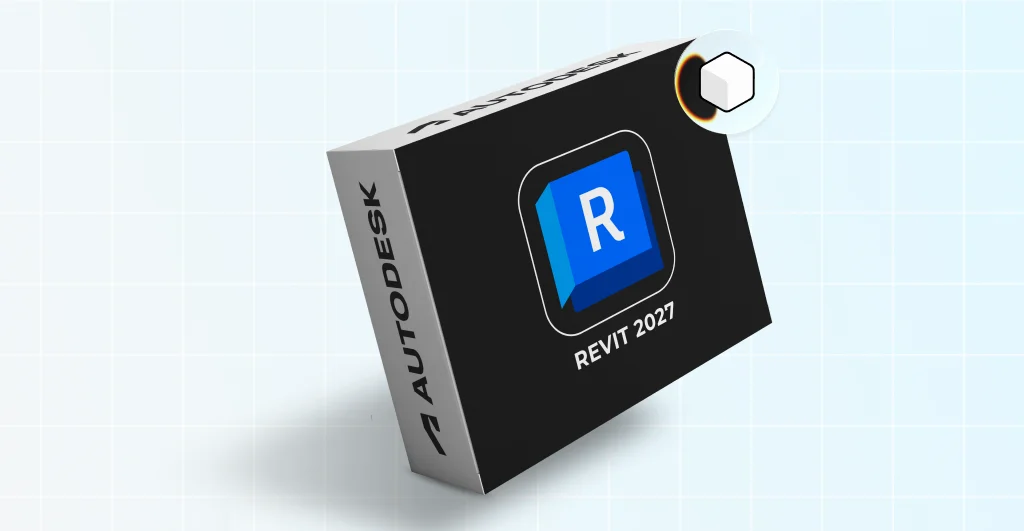 Caixa do software Autodesk Revit 2027, com o logo azul da letra R, para modelagem e projetos BIM.