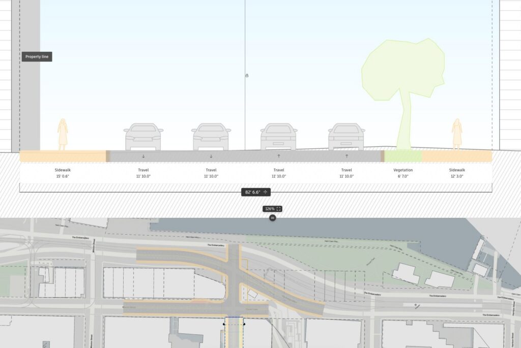 Diagrama de projeto urbano exibindo um corte transversal de rua com calçadas, faixas de tráfego e área verde, complementado por um mapa de planejamento. Exemplifica soluções de infraestrutura e urbanismo, temas centrais na Autodesk University 2026.
