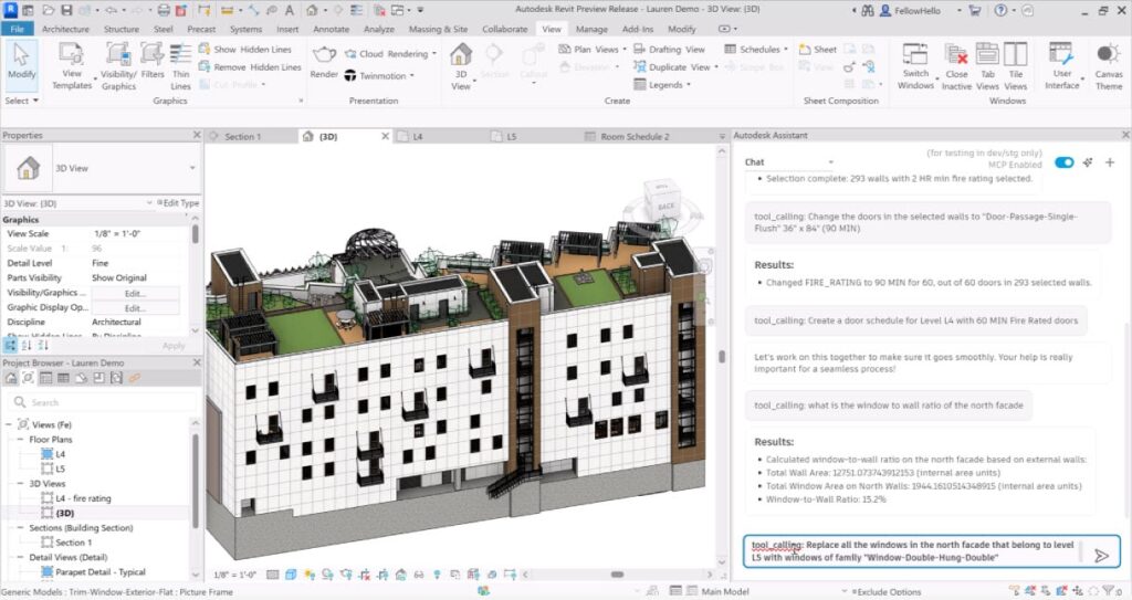 Captura de tela do Autodesk Revit exibindo um modelo 3D de um edifício moderno com o Autodesk Assistant de IA, destacando inovações em BIM e automação que serão temas da Autodesk University 2026.