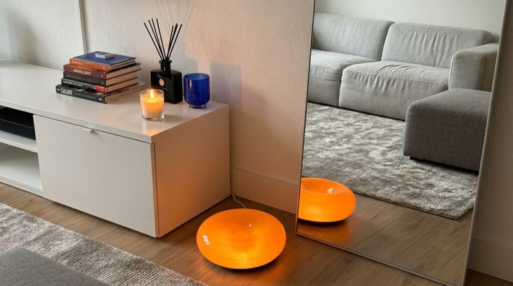 Canto de sala de estar moderno e aconchegante, com luminária laranja em formato de anel no chão, vela acesa, livros e difusor sobre um armário branco. O ambiente reflete um sofá cinza no espelho, criando um espaço com design divertido e funcional, ideal para o estilo funhaus de decoração.
