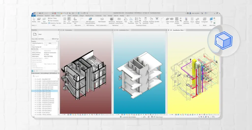 Tela do Autodesk Revit 2025 exibindo três modelos 3D de um projeto: arquitetônico detalhado, estrutural e de instalações MEP, ilustrando a coordenação multidisciplinar no Revit.