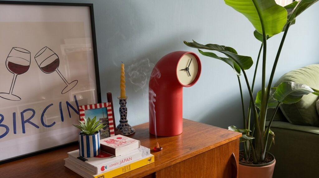 Relógio vermelho peculiar em formato de cachimbo com fumaça, parte de uma decoração criativa e descontraída no estilo Funhaus.