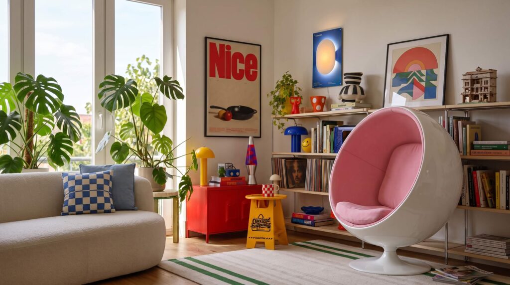 Sala de estar moderna e vibrante com poltrona ovo rosa, sofá branco, plantas exuberantes e objetos decorativos coloridos e lúdicos, capturando perfeitamente o estilo Funhaus de design divertido e cheio de personalidade.