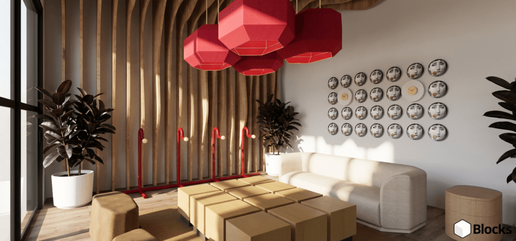 Ambiente contemporâneo e vibrante com painéis de madeira ondulados, luminárias vermelhas geométricas e arte de parede de rostos, um projeto de design de interiores do Estudio Pantarolli Miranda.
