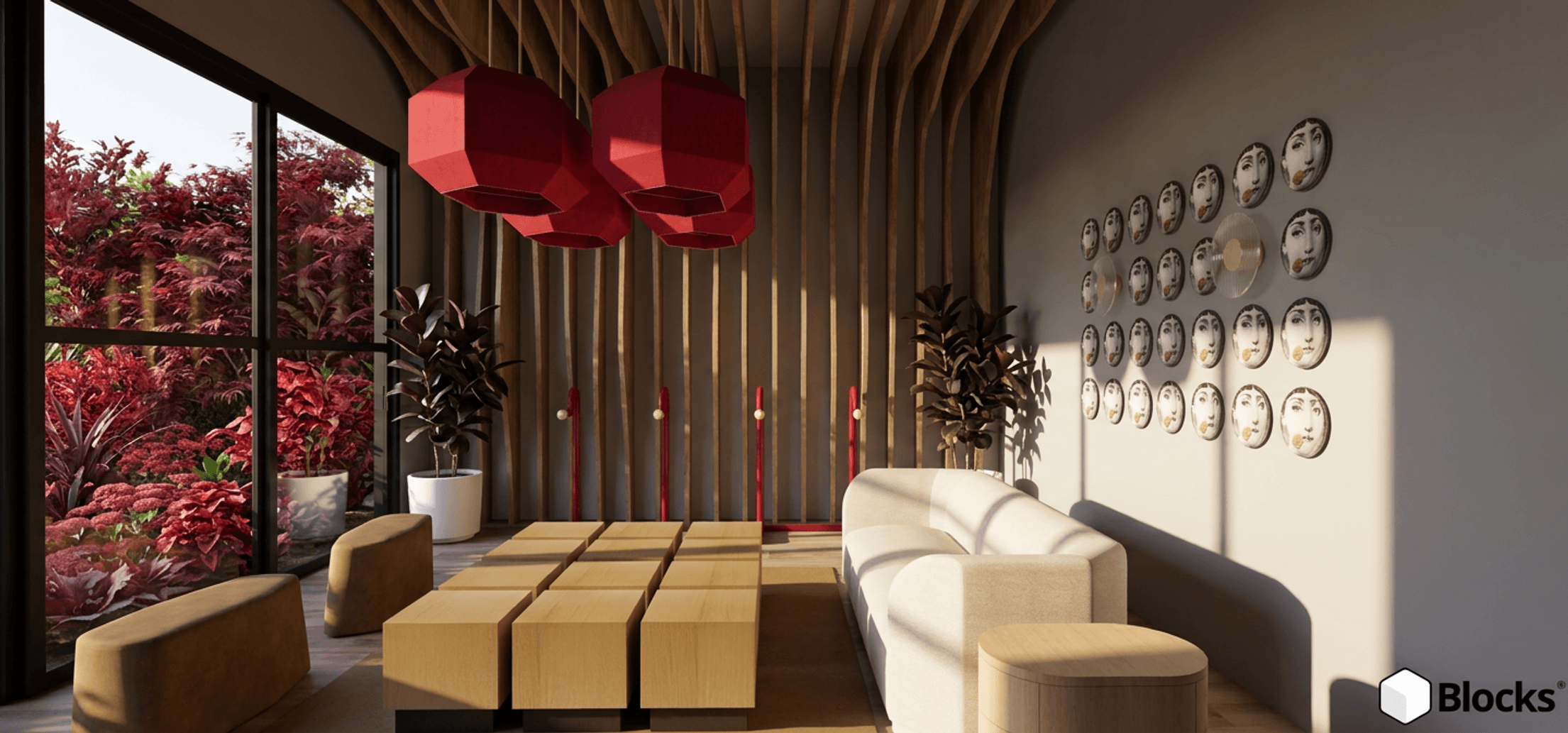 Design de interiores contemporâneo do Estudio Pantarolli Miranda, destacando sala com sofá bege, mesa modular, luminárias vermelhas e arte na parede, integrada a um jardim exuberante.